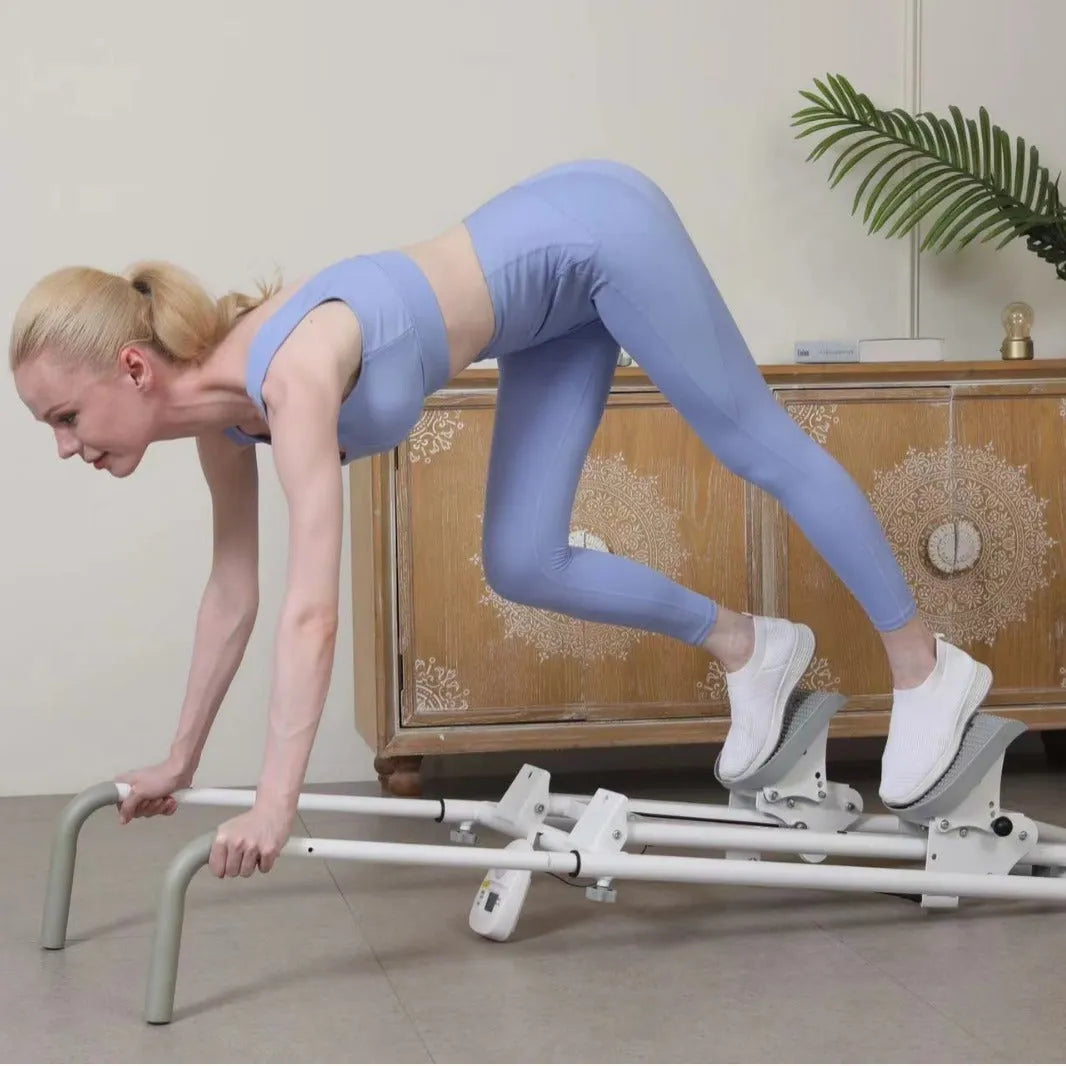 Foldable white home treadmill with climbing frame in unfolded position for indoor exercise