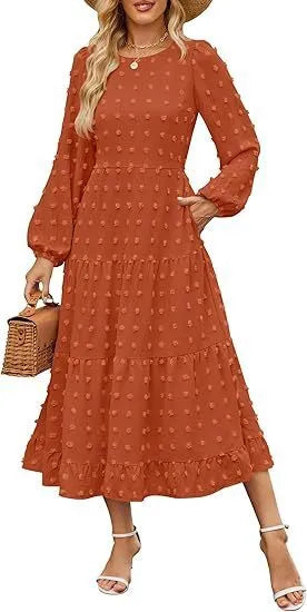 Beige casual long sleeve dress with ruffled sleeves and a high waist on a hanger
