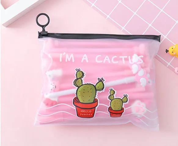 Marvel Cactus cartoon themed plastic pen case containing twenty black 0.5mm gel pens.