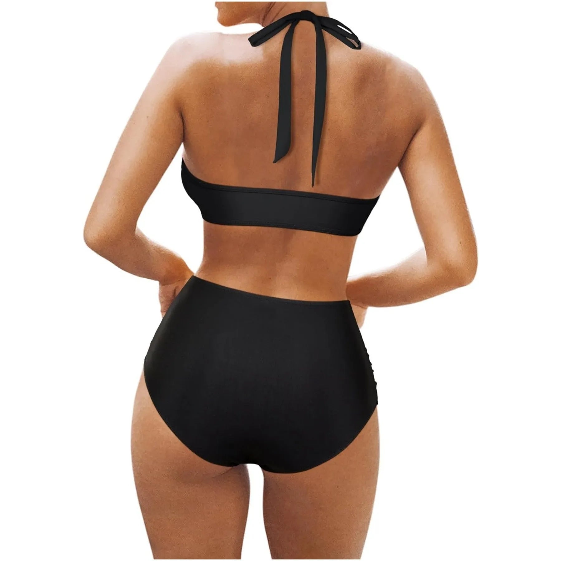 Women's black bikini swimsuit set with briefs bottom on a mannequin