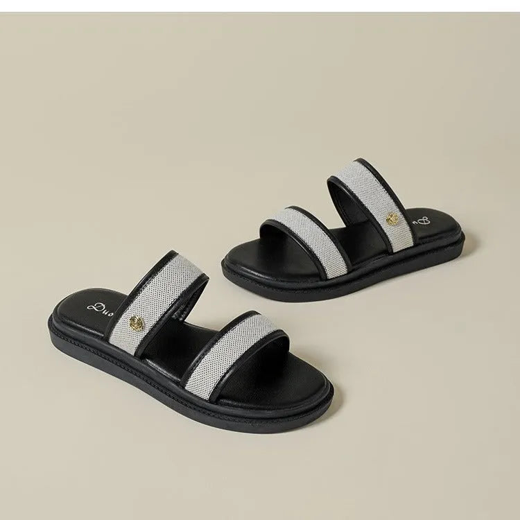 Women's vintage soft bottom flip-flops in brown and black artificial PU for beach and daily wear
