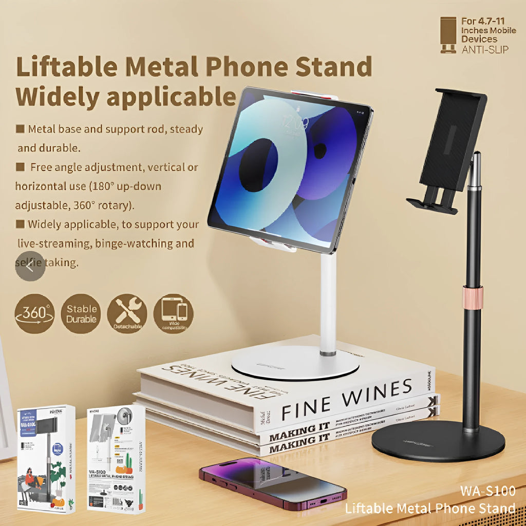 Black and white tablet desktop bracket with telescopic height adjustment for 11-inch devices
