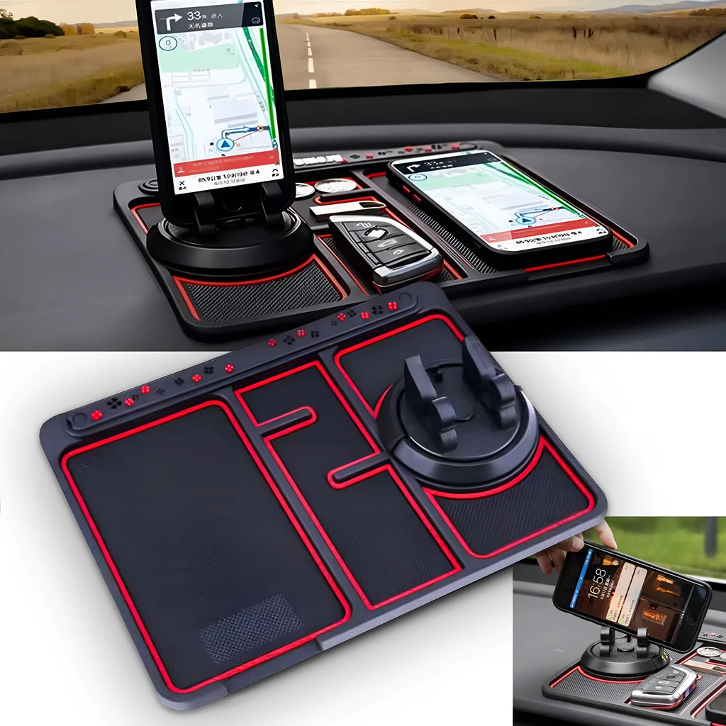 Black non-slip car phone pad with red edge on dashboard, 4-in-1 design with 360 degree rotation, PVC material