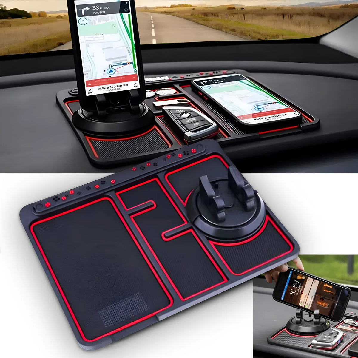 Black non-slip car phone pad with red edge on dashboard, 4-in-1 design with 360 degree rotation, PVC material