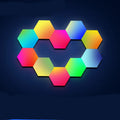 Hexagonal LED wall light with colour-changing quantum panels, remote control, and PVC construction