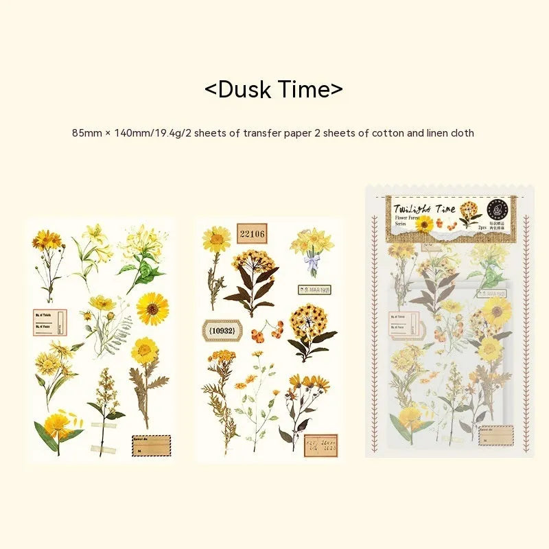Huazhisen art deco forest label stickers in six colour variants showing transfer paper and cotton linen sheets