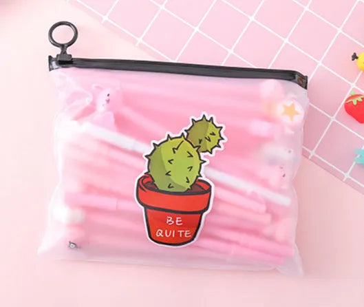 Marvel Cactus cartoon themed plastic pen case containing twenty black 0.5mm gel pens.