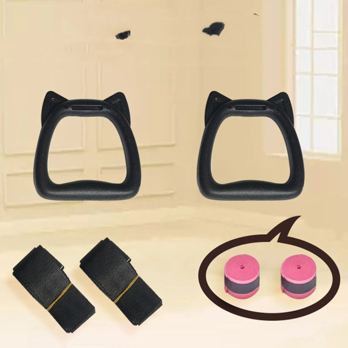 Pair of kids gymnastic rings with black PP handles, 1m or 2m webbing straps, and hand glue