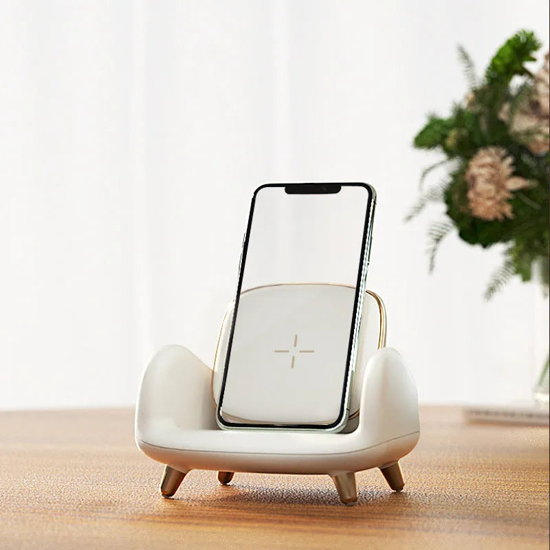 White USB wireless charger, solid colour pattern, 98mm x 95mm x 115mm, for sofa chair or desk.