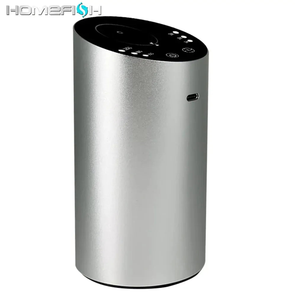 Silver wireless car aroma diffuser with 20ml empty essential oil bottle, aluminium alloy body, D98 x H168mm