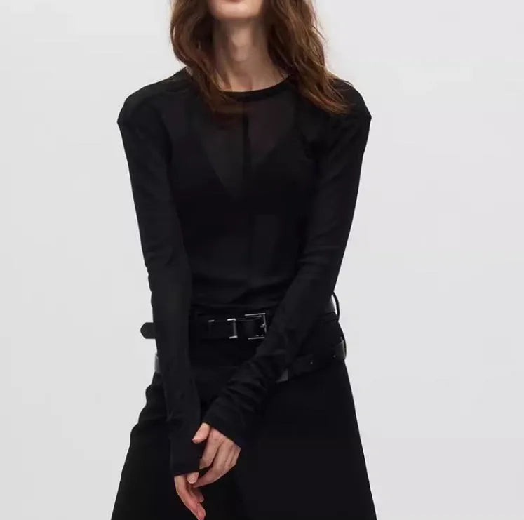 Black slim-fit mesh see-through long sleeve PU pullover on a hanger
