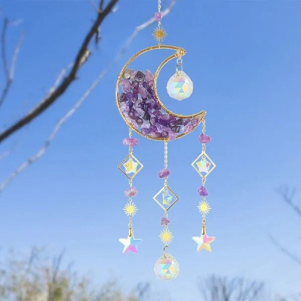 K9 crystal moon car pendant with metal chain in blue, green, pink, purple or white