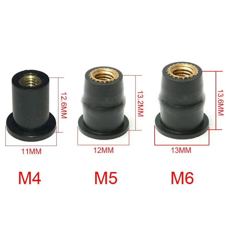 Black rubber brass nut expansion fasteners for motorcycle windshield installation in M4 M5 M6 sizes