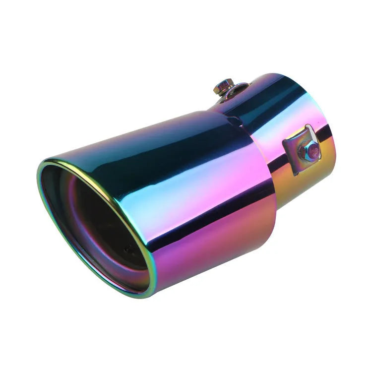 Stainless steel car modification tailpipe in baked blue, bright silver, and colourful finishes, straight and curved styles.