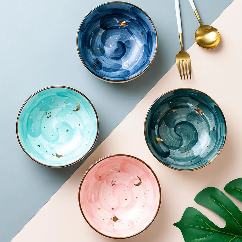 Ceramic breakfast salad bowl with star interior, Nordic style, green colour, 12 cm diameter