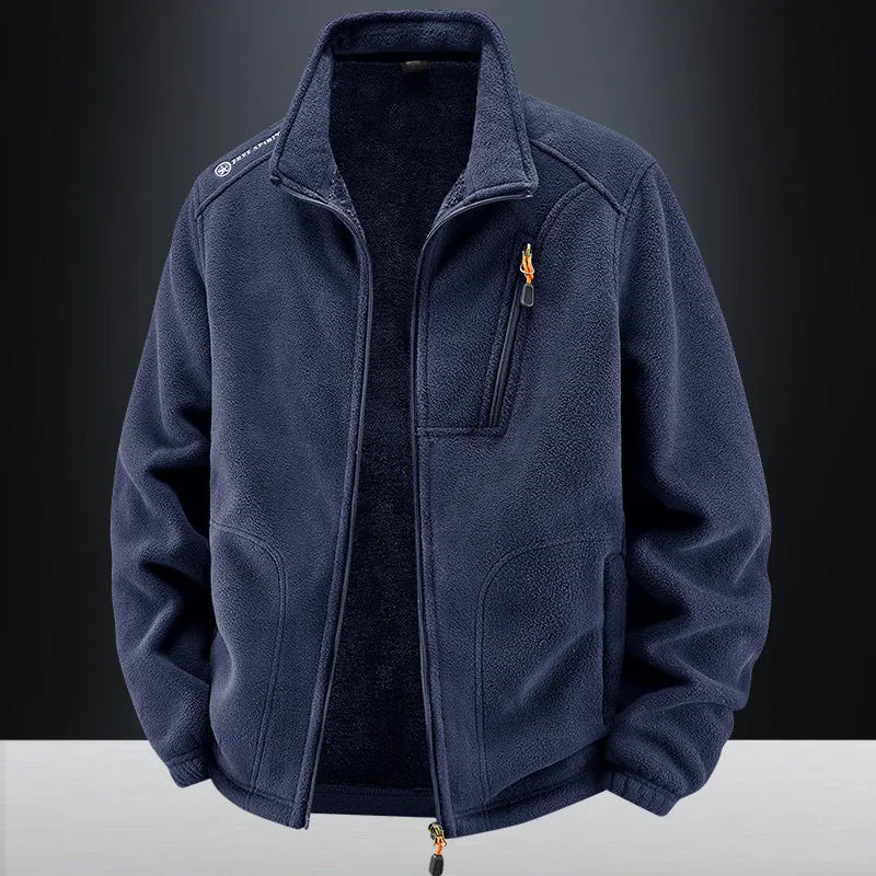 Men's warm padded jacket with polar fleece lining, loose casual cardigan style, available in six colours.