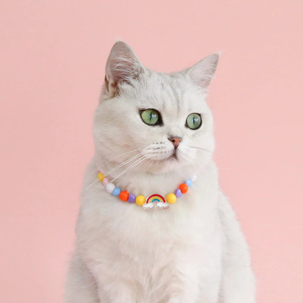Colourful plastic pearl pet necklace with flower charm in rainbow, peach or small flower patterns