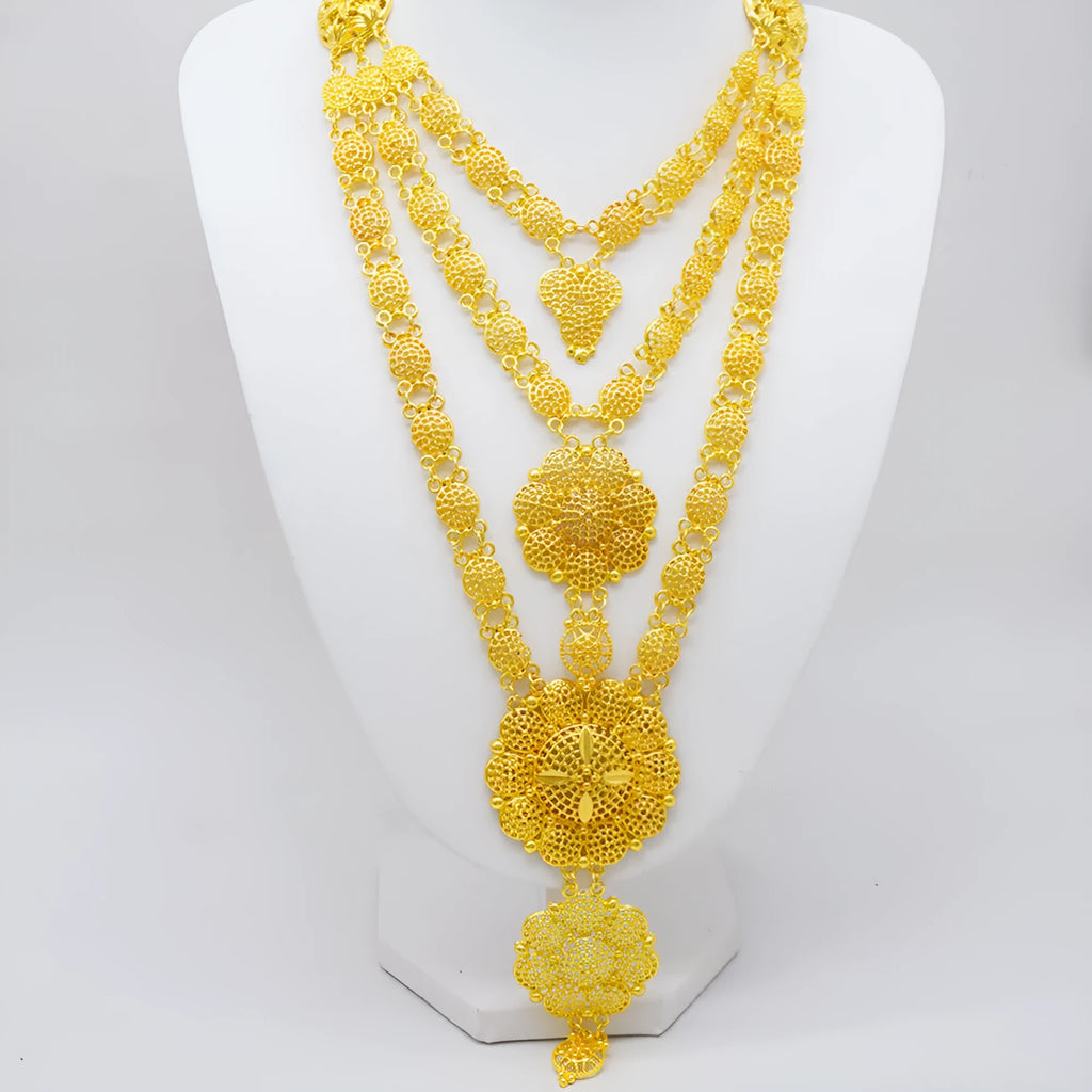 Dubai luxury women's golden jewellery set with tassel necklace, water wave chain, earrings, bracelet and ring in alloy