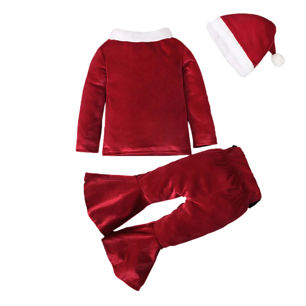 Red Korean velvet children's Christmas three-piece outfit with shirt, bell bottom trousers, and hat for ages 3-8