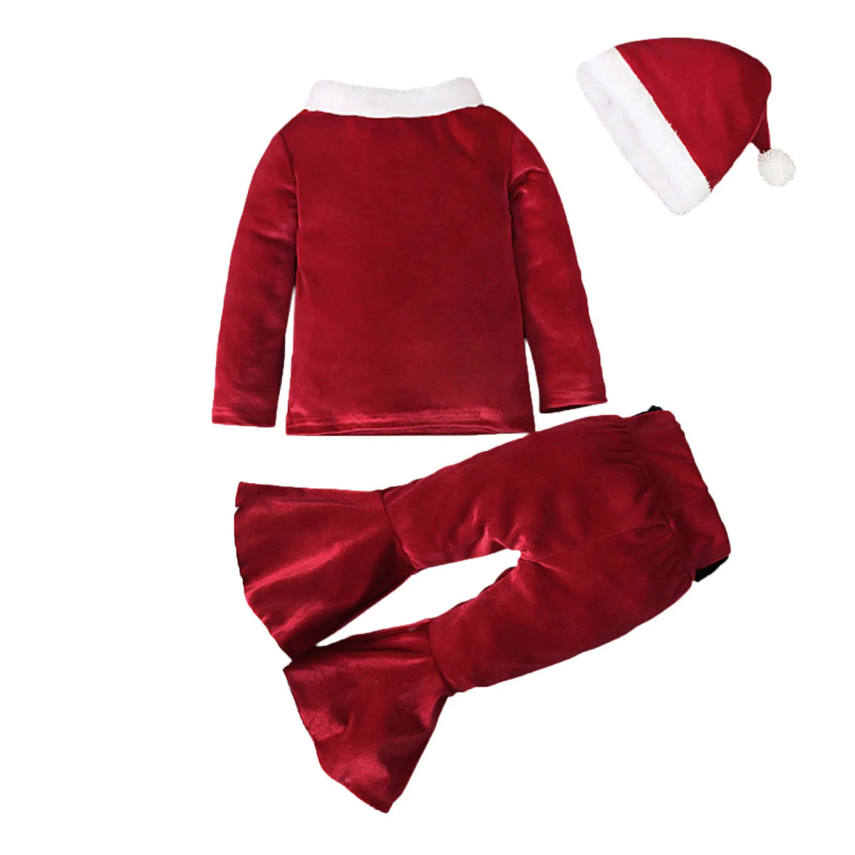 Red Korean velvet children's Christmas three-piece outfit with shirt, bell bottom trousers, and hat for ages 3-8
