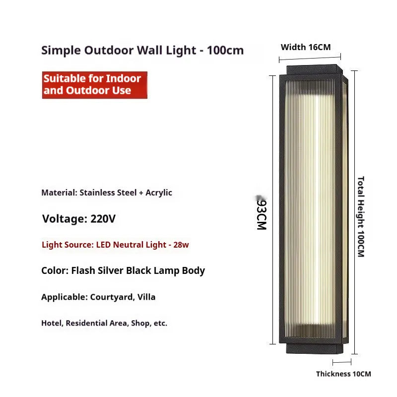 Waterproof stainless steel outdoor wall lamp showing multiple sizes and light colour options