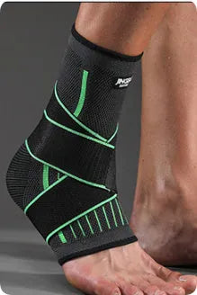 Sports ankle support in orange, black, and green colours shown for adult use in running and basketball.