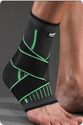 Sports ankle support in orange, black, and green colours shown for adult use in running and basketball.