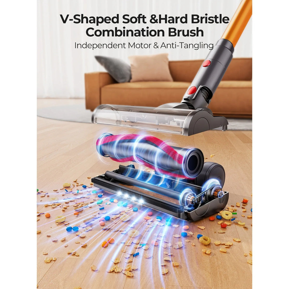 Cordless vacuum cleaner V7-CJD1003 with 500W motor and 50KPa suction, shown with power cord and manual.