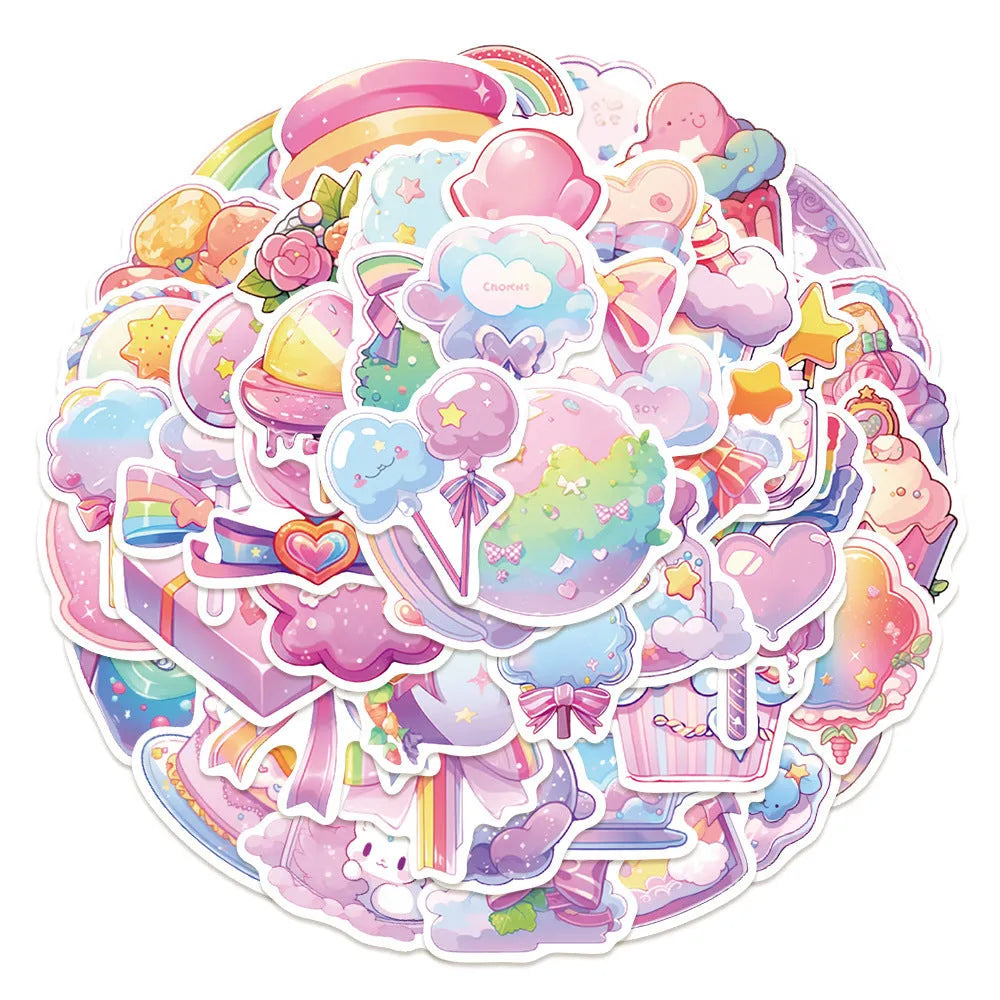 Pack of 50 fresh candy coloured waterproof decorative stickers with small object designs for journal decoration.