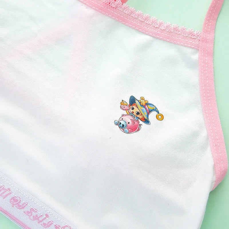Girls cotton sports bra vest, stretch cotton knitted print, white pink orange green, sizes free and L