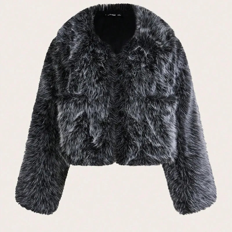 Short black artificial fur coat with a large fur collar, shown on a model.