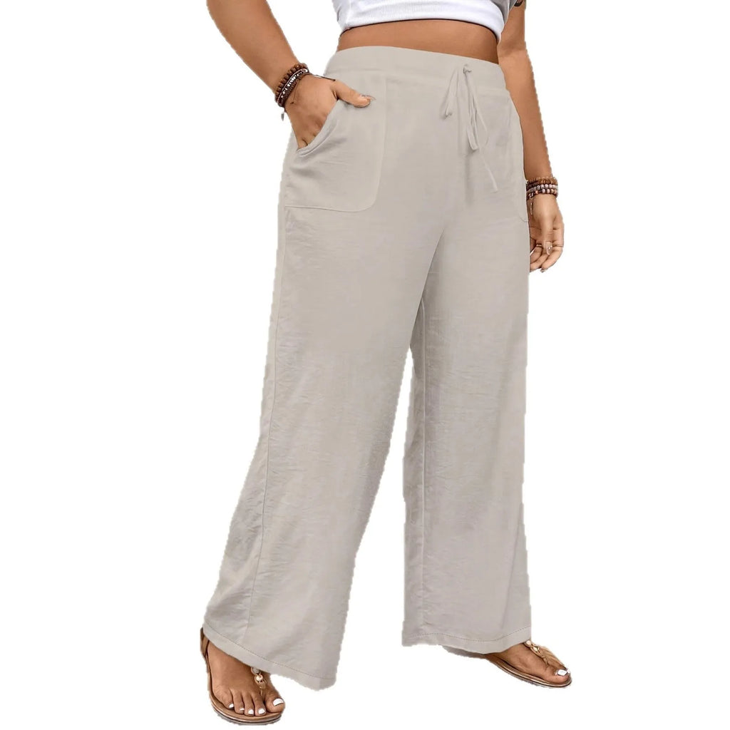 Women's loose wide leg drawstring trousers in khaki or black, polyester, sizes 0XL to 4XL