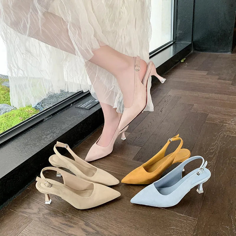 Women's apricot suede pointed-toe stiletto high heels on a neutral background.