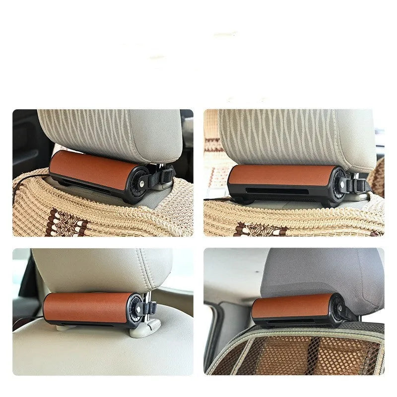 Car mounted bladeless fan with USB power cord in black, brown and red colour options showing compact dimensions
