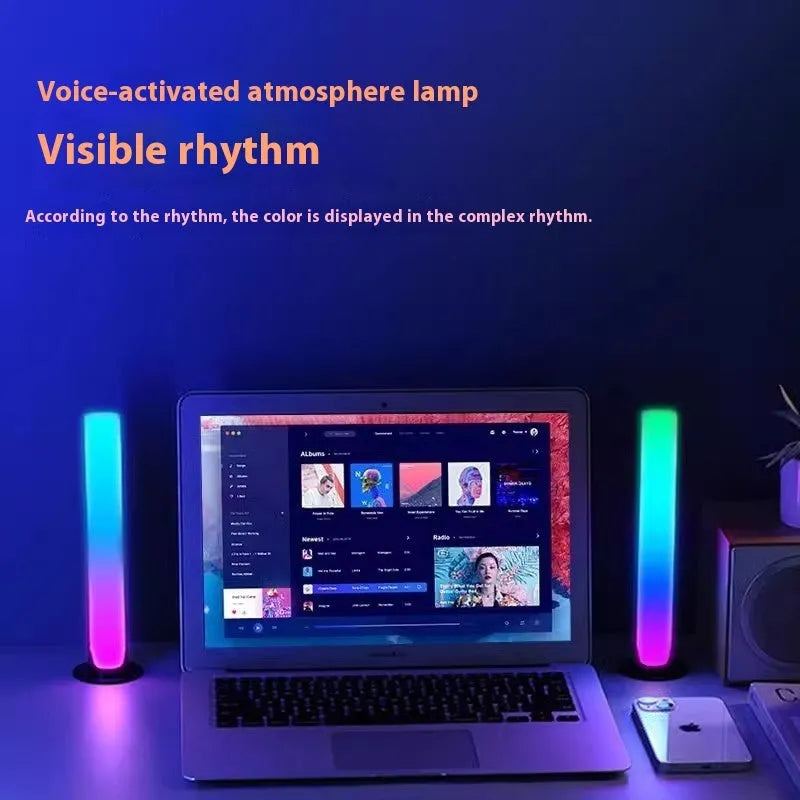 LED music rhythm light bar with 2.4G remote control and screen sync, shown in light bar shape for desktop use
