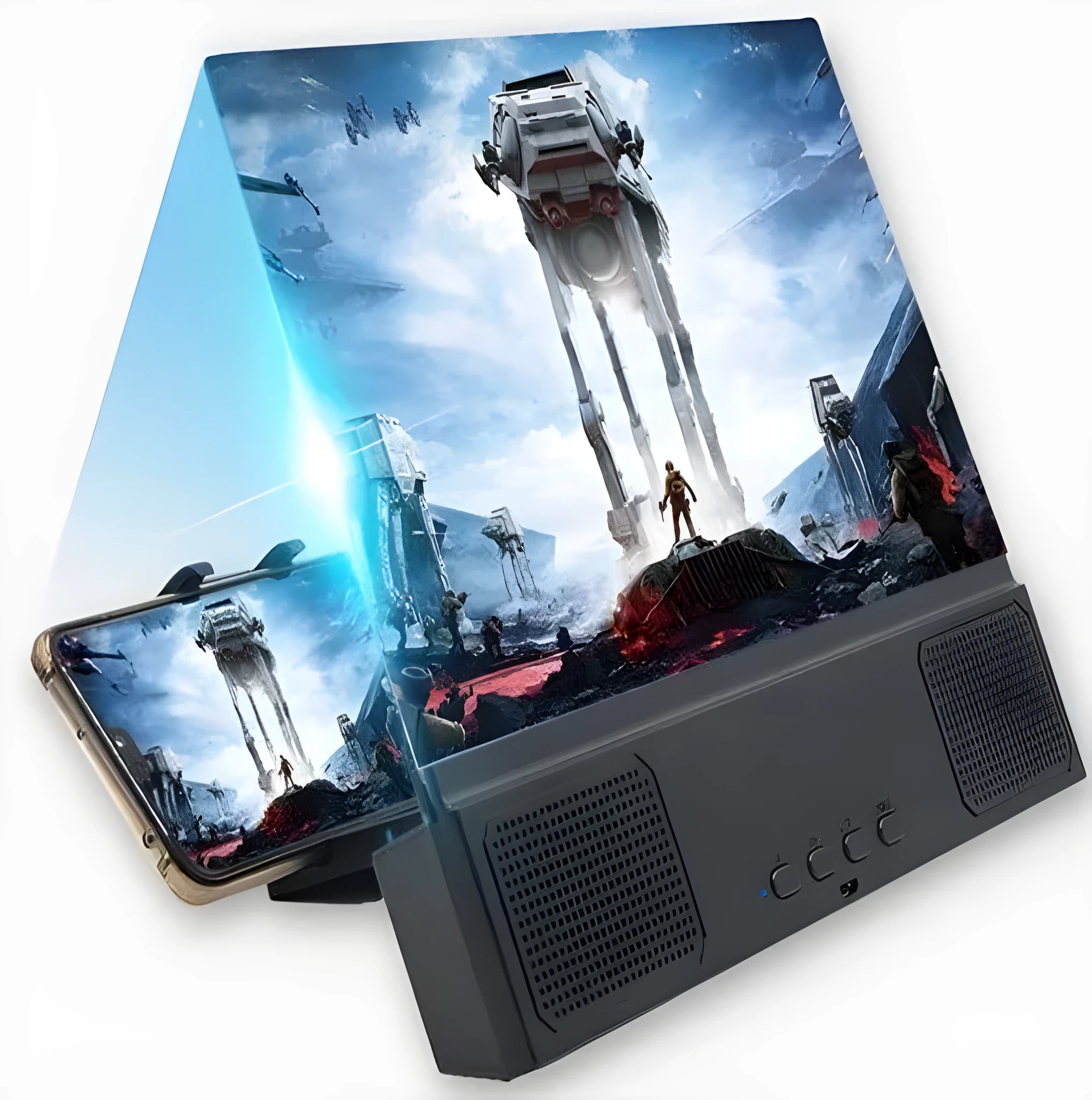 12-inch mobile phone screen amplifier with black ABS housing and acrylic lens, showing smartphone display enlarged.