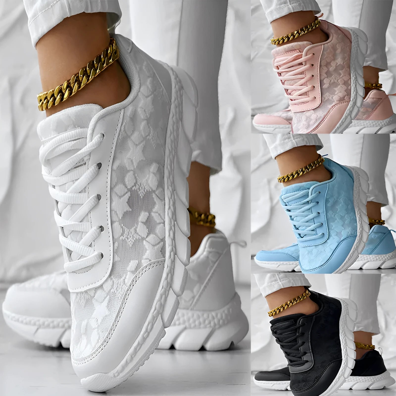 Women's canvas running shoes in white, black, blue, and pink colours with flat-heel construction