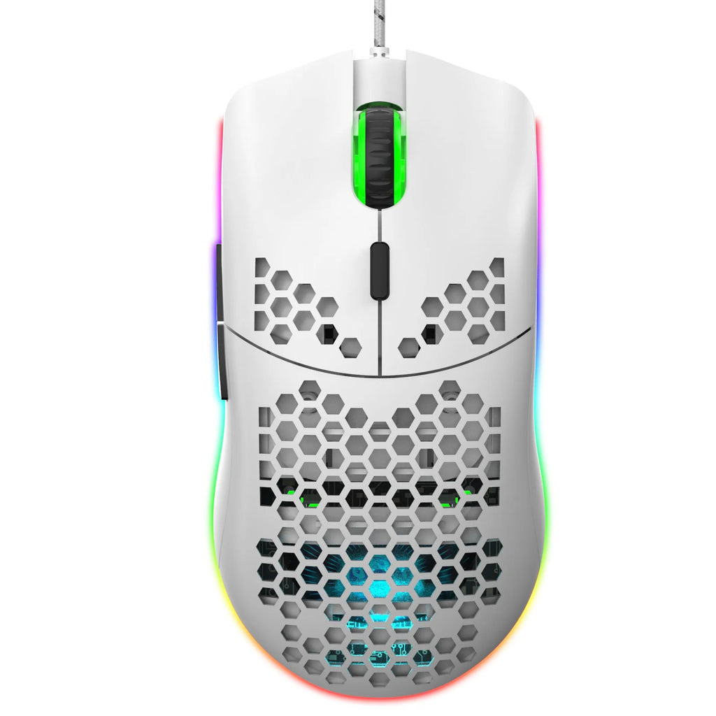 J900 honeycomb shell gaming mouse with RGB lighting on a desk