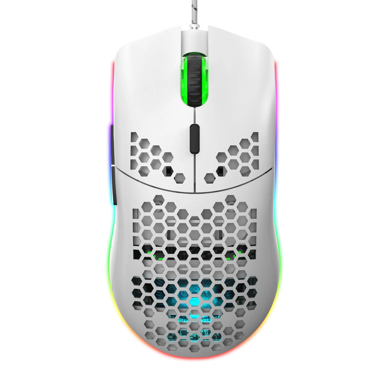 J900 honeycomb shell gaming mouse with RGB lighting on a desk