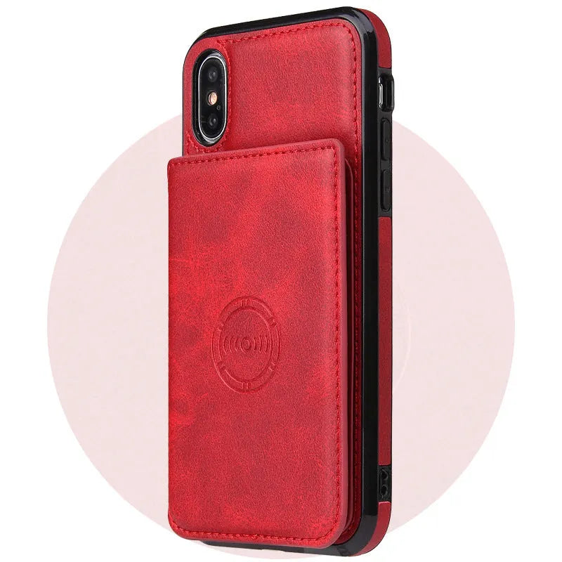 Imitation leather card wallet phone case for iPhone 11 in black, showing card slot on back.