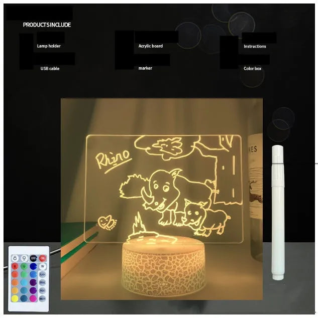 3D acrylic LED message board night light on a desk, showing illuminated surface and remote control