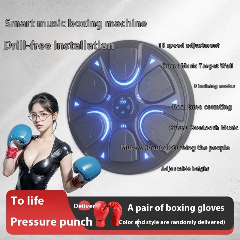 Black leather and PP intelligent music boxing wall target with gloves for home training.