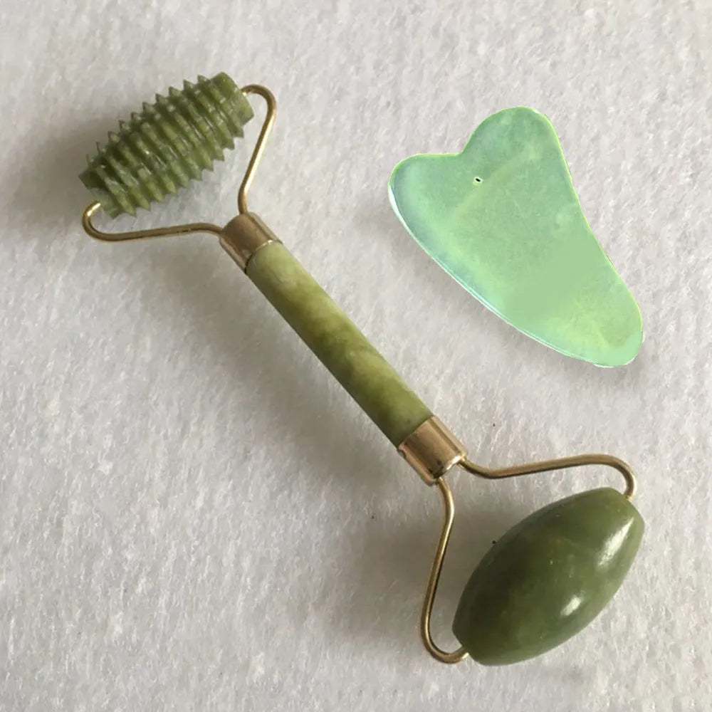 Natural green jade face and body massager roller and scraper set