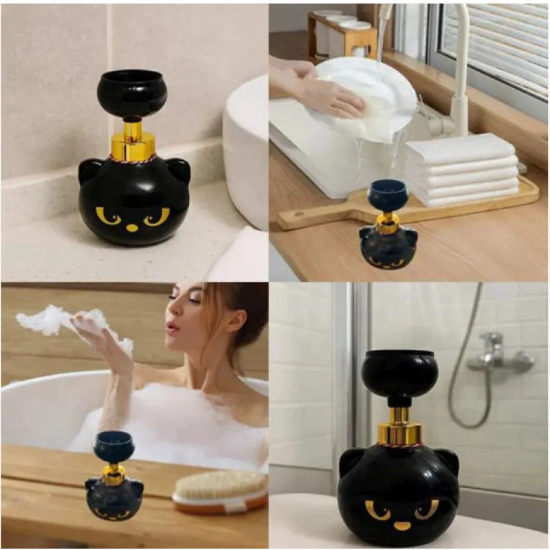 Black cartoon cat-shaped plastic foam soap dispenser with dimensions 10x10x18cm