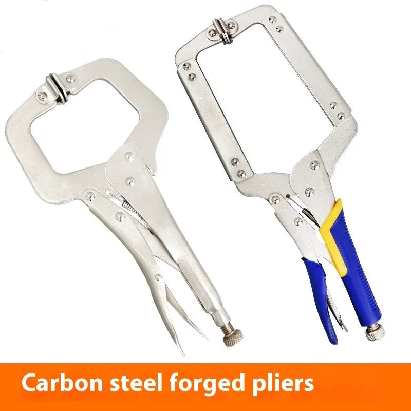 C-type alloy steel vise grip clamp with large opening and screw mechanism on a black background