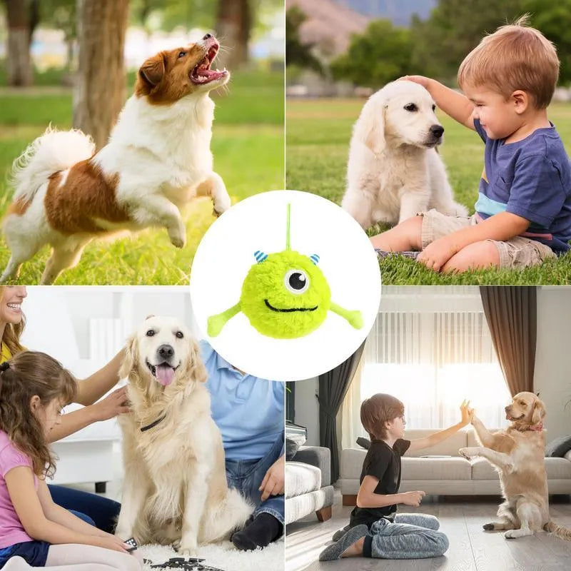Green interactive sound dog teething ball with plush and TPR construction, 12cm diameter