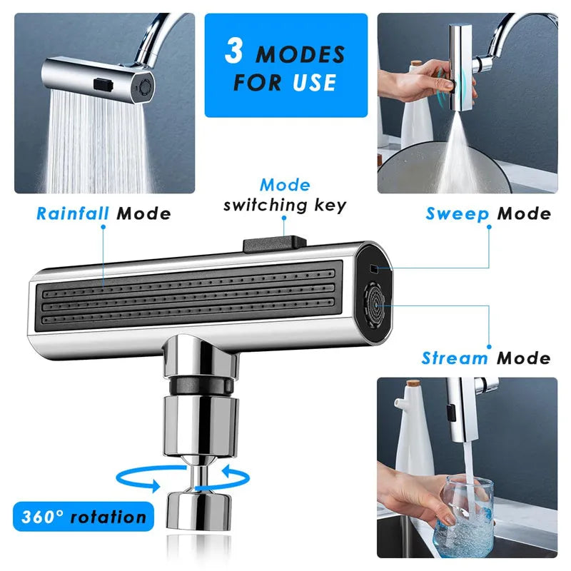 Black ABS kitchen faucet extension with rotating bubbler and waterfall outlet mode on a modern sink