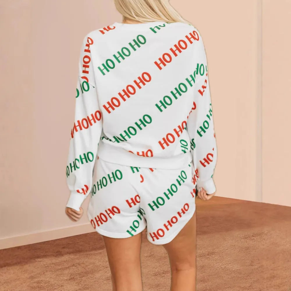 Women's white letters printed two-piece suit with long sleeves and matching pants