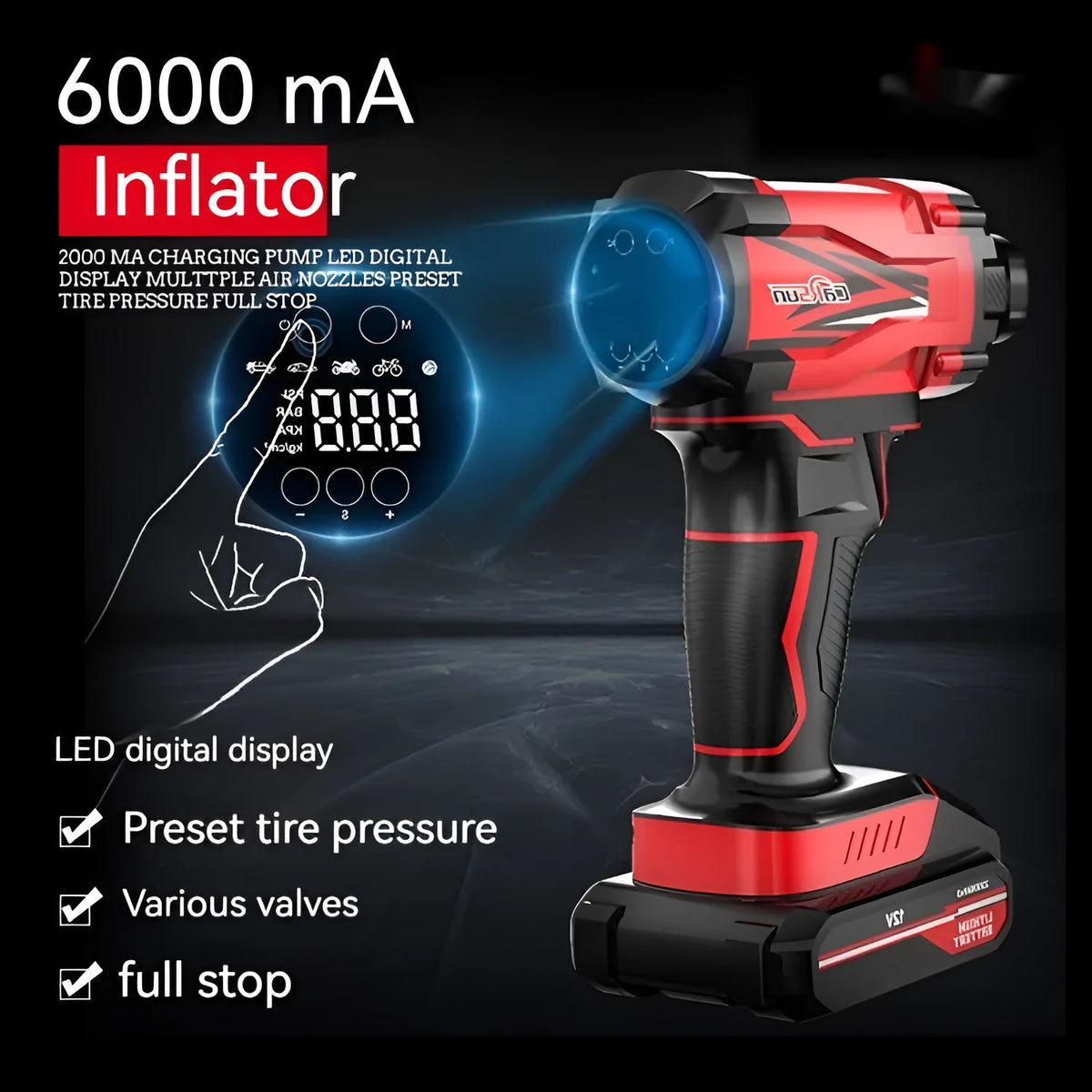 Red and black portable car air pump with digital display, 12V cable, and multiple nozzle attachments