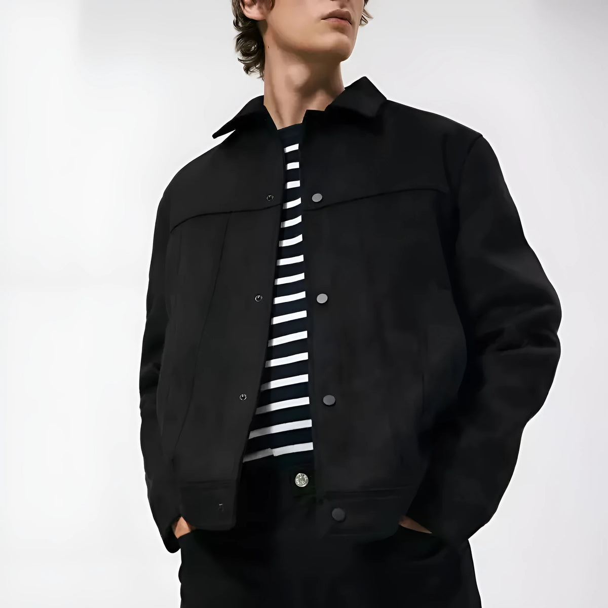 Black men's hooded jacket with a suede collar and side-seam pockets.